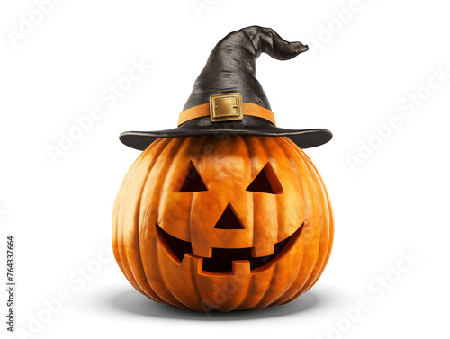 Carved Pumpkin with a Cute Smile and a Witch's Hat, Isolated on Transparent Background 