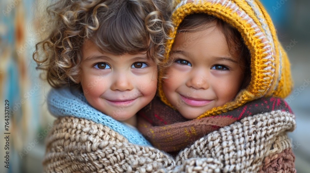 Two children are wrapped in a blanket and smiling, AI Two children are wrapped in a blanket and smiling, AI