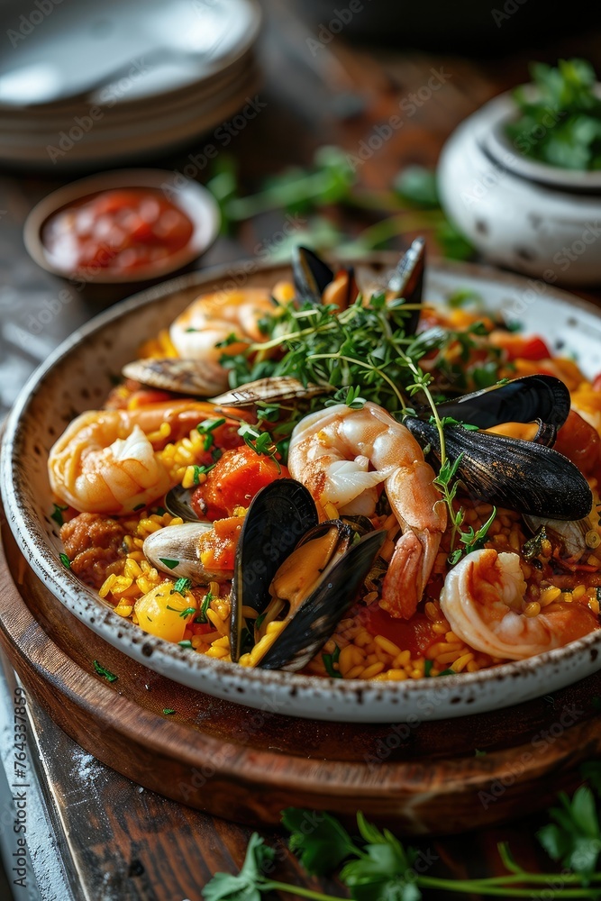 A traditional Spanish dish. Seafood paella with rice, mussels, shrimp. Menu, the recipe. A traditional Spanish dish. Seafood paella with rice, mussels, shrimp. Menu, the recipe.
