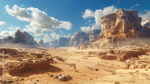 Striking 3D Desert Landscape with Towering Cloned Geological Formations Guiding an Epic Journey © Sittichok