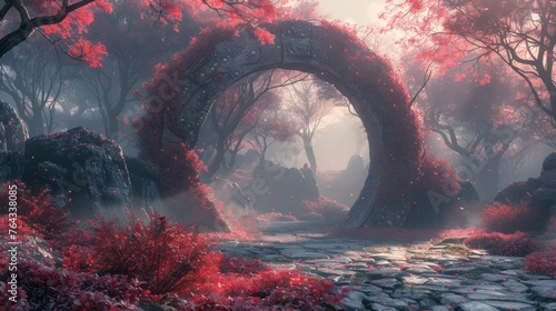 This stone portal in a flower arch is in a pink forest clearing that is part of a fairytale. An amazing time travel idea. 3D rendering. Raster illustration.