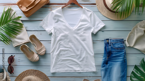 A photo of a white V-neck tee shirt for display with
