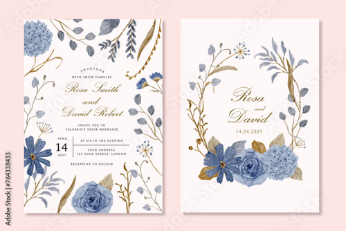 wedding invitation with vintage blue watercolor frame