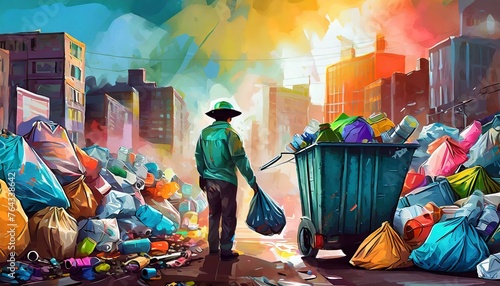 Ilustração de coleta de lixo. Um homem coletando lixo.