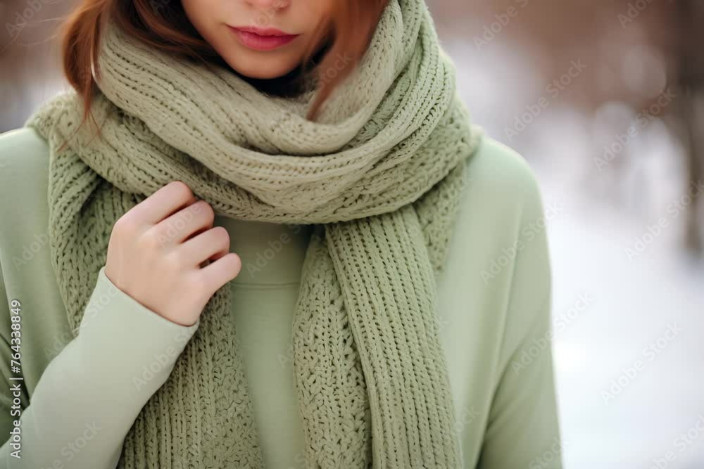 A woman wrapped in a cozy scarf showcases a close-up of a woman in winter attire, focusing on the texture and color of her scarf against a snowy backdrop A woman wrapped in a cozy scarf showcases a close-up of a woman in winter attire, focusing on the texture and color of her scarf against a snowy backdrop