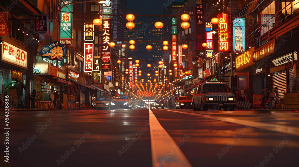 Urban Charm: Twilight Scene of a Bustling JP Road with Neon Signboards and Silhouetted Pedestrians.