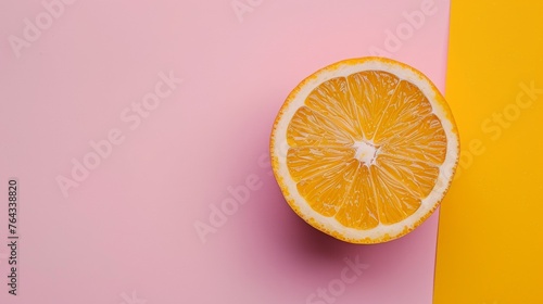 A half of an orange is on a pink and yellow background, AI