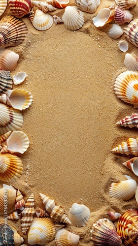 A summer background with golden sand and shells in vacation concept. Colorful shells arranged in a frame shape on soft sand with copy space. © Vagner Castro