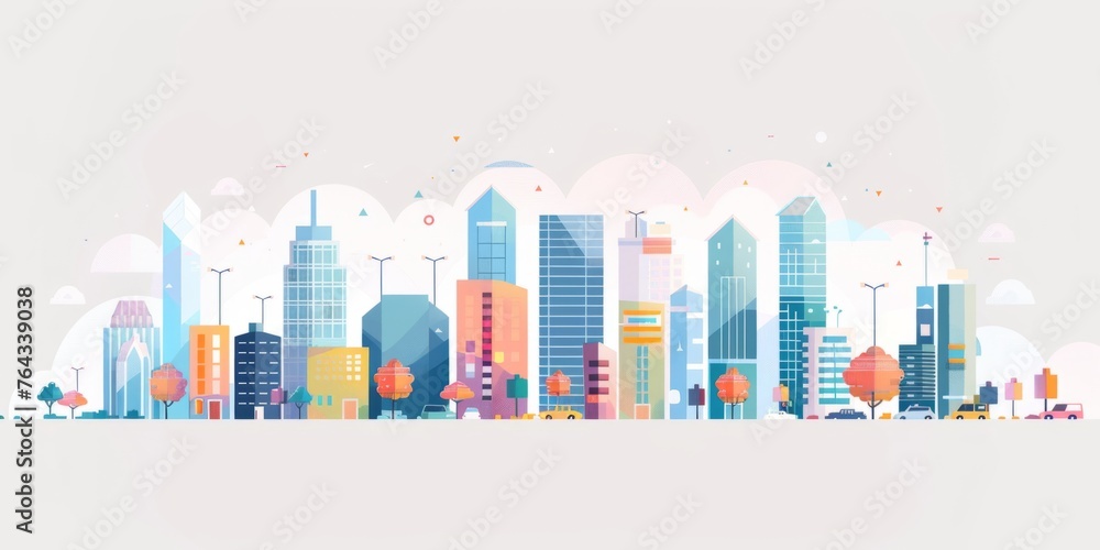 A simple flat cityscape with buildings and trees, showcasing urban life in shades of blue composed of geometric shapes representing skyscrapers Generative AI