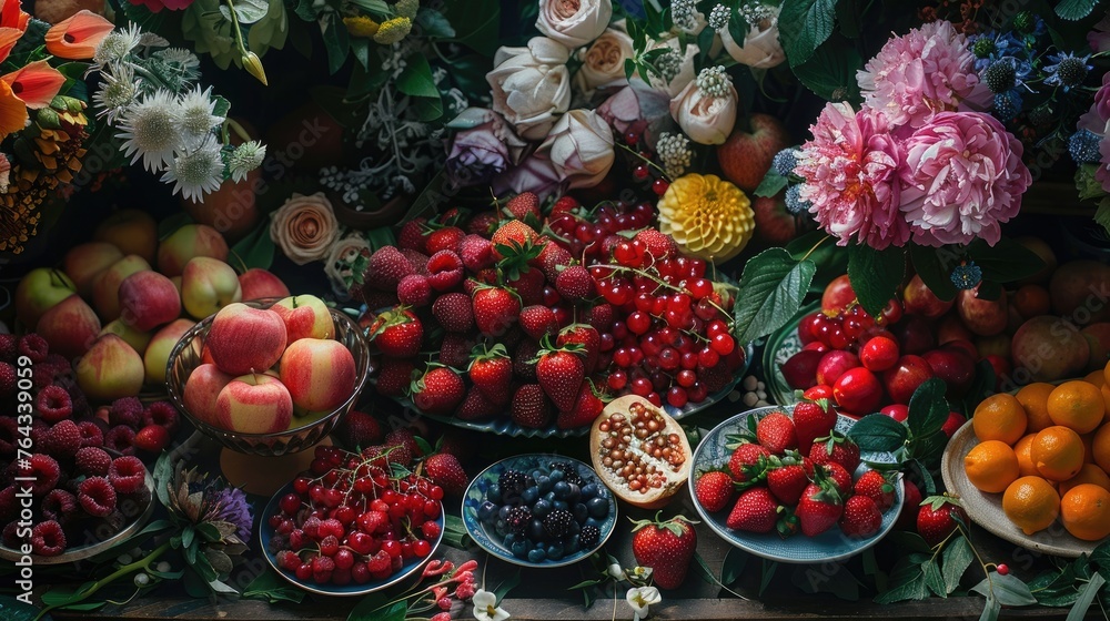 Captivating Floral and Gourmet Ensemble:A Surreal Tableau of Nature's Bounty