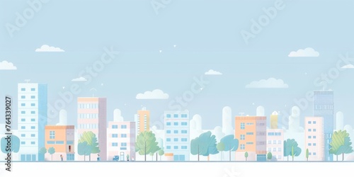 a cityscape with buildings, houses and trees on a light blue background Simple minimalistic design with space for copy text Generative AI