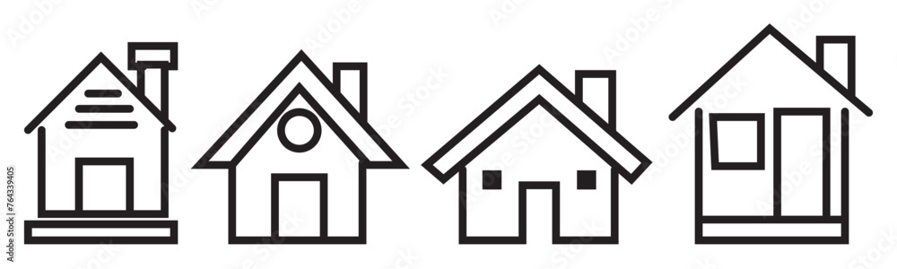 Collection home icons. House symbol. Set of real estate objects and houses black icons isolated on white background. Vector illustration. Collection home icons. House symbol. Set of real estate objects and houses black icons isolated on white background. Vector illustration.