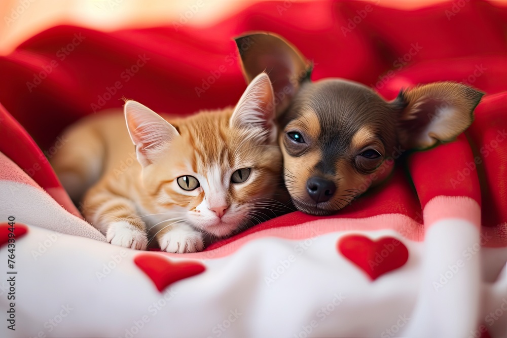 Cute kitten and Toy terrier puppy sleep together with red heart under warm blanket on a bed at home. Valentines day concept and copy space - generative ai Cute kitten and Toy terrier puppy sleep together with red heart under warm blanket on a bed at home. Valentines day concept and copy space - generative ai