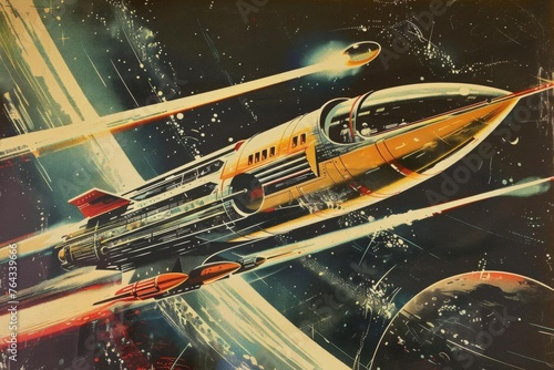 Retro Futuristic Space Travel Poster, Vintage Science Fiction Illustration Art