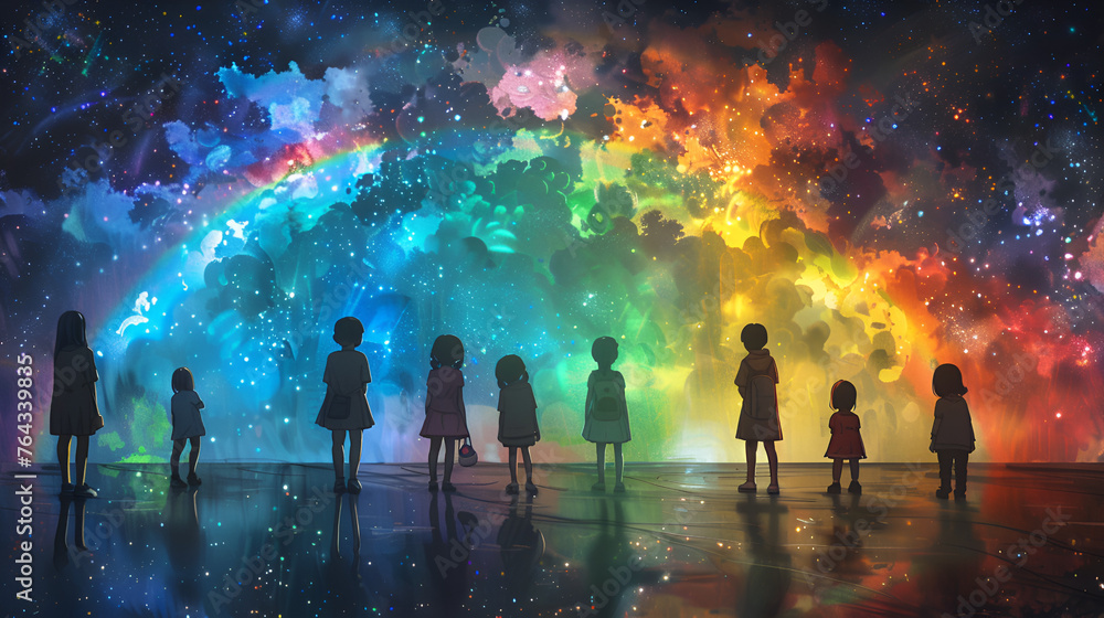 Close-up view of children under the huge rainbow