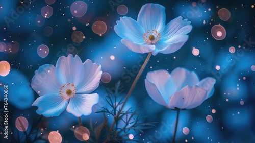 Ethereal Floral Cosmos - Delicate Flowers Blooming Against a Starry Night Sky