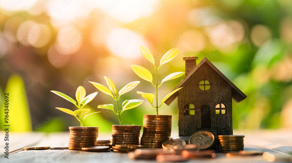 Coins and House-Shaped Plant on Piles of Money Coins and House-Shaped Plant on Piles of Money