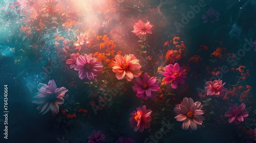 Ethereal Floral Cosmos Vibrant Blooms Adrift in the Celestial Void