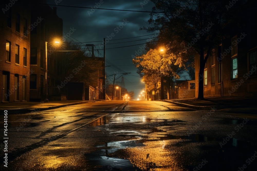 A road at night, illuminated by the warm glow of streetlights