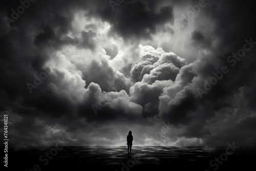 A person s silhouette against a cloudy sky  portraying inner darkness