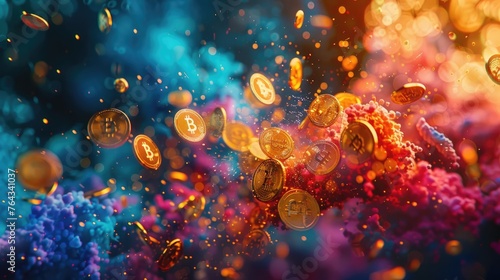 Sparkling Cryptocurrency Coins in Vibrant Digital Space