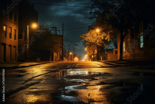 A road at night  illuminated by the warm glow of streetlights