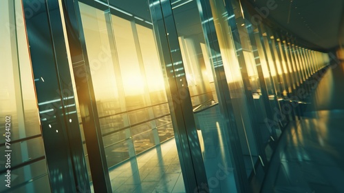 the sun is shining brightly through the glass walls of a building with a walkway on one side and a walkway on the other side.