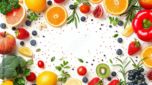 Healthy foods and drinks. Assorted fruits and vegetables with copy space.