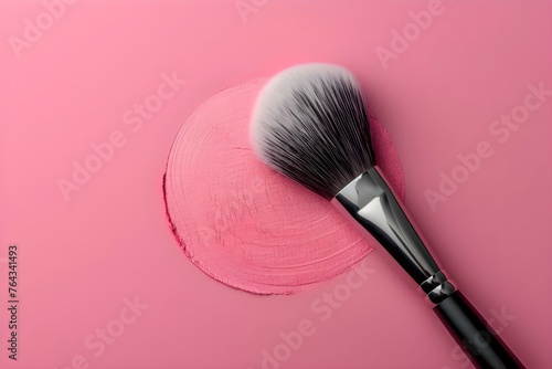 Makeup brush on Pastel Pink color background centered professional photo copy space. Concept Product Photography, Makeup Tools, Pastel Aesthetics, Minimalist Design, Copy Space