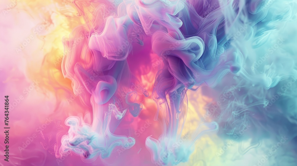 a mixture of colored smoke is shown in this artistic photo of a multicolored cloud of smoke on a white, blue, pink, yellow, pink, and green background.