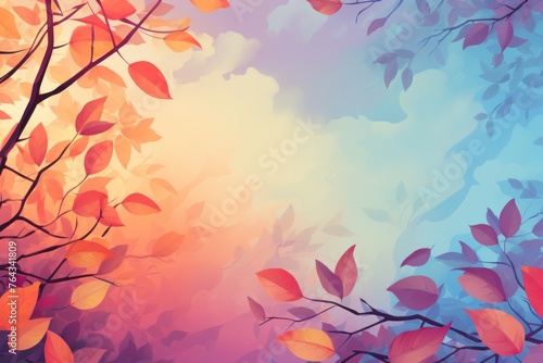 Colorful autumn sky background with leaves in various shades