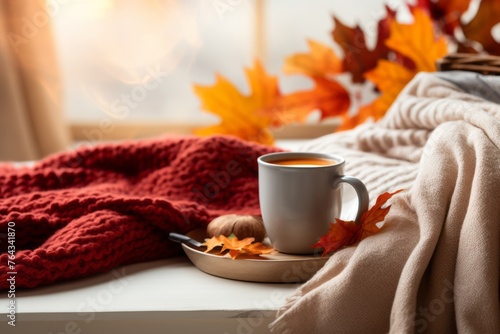 Cozy living room mockup with a blanket, a cup of coffee, and fall leaves