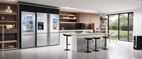 Showcase the power of the Internet of Things with a visually stunning image of a smart home filled with various connected devices and appliances AI, such as smart refrigerators, coffee makers photo