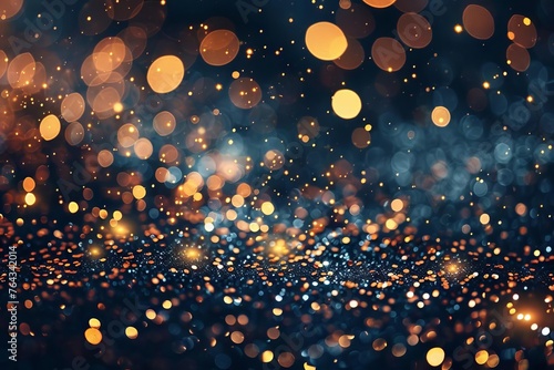 Shimmering golden bokeh confetti sparkles on festive Christmas background, holiday light texture