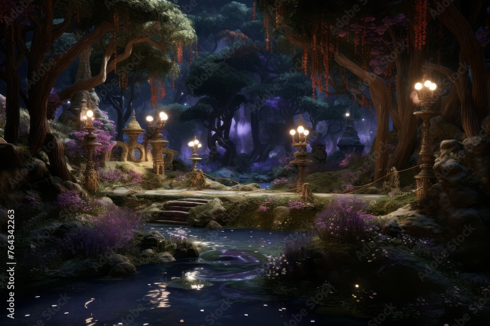 Enchanted 3D realm with mystic landscapes and magical lighting