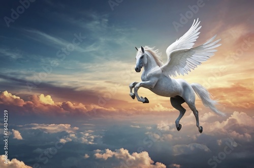 Pegasus flying on the fantasy land with a copy space area © irfan