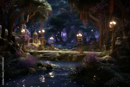 Enchanted 3D realm with mystic landscapes and magical lighting © KerXing