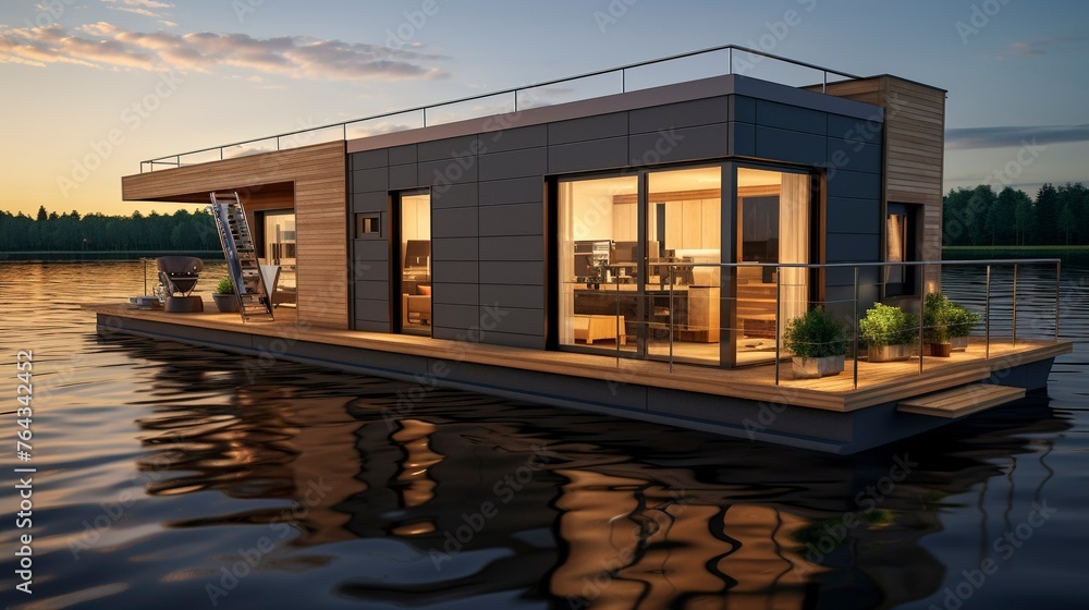 A photo of a modern houseboat with sustainable environment A photo of a modern houseboat with sustainable environment