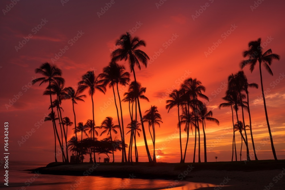 Fiery sunset sky background with silhouetted palm trees on a beach