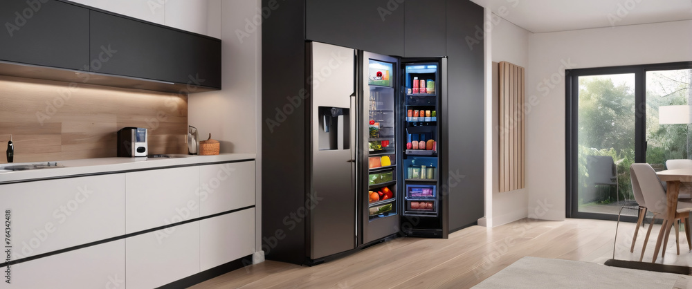Showcase the power of the Internet of Things with a visually stunning image of a smart home filled with various connected devices and appliances AI, such as smart refrigerators, coffee makers Showcase the power of the Internet of Things with a visually stunning image of a smart home filled with various connected devices and appliances AI, such as smart refrigerators, coffee makers