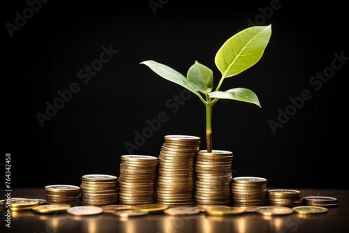 Plant growing out of a pile of coins