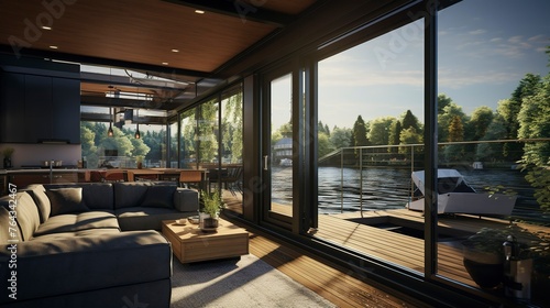 A photo of a modern houseboat with large windows photo