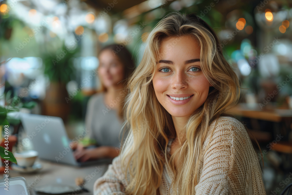 Relaxed Elegance Confident Businesspeople and Colleague Enjoying a Casual Meeting at a Bustling Cafe Relaxed Elegance Confident Businesspeople and Colleague Enjoying a Casual Meeting at a Bustling Cafe