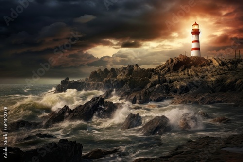 Lighthouse on a rocky shore under a dramatic sky background