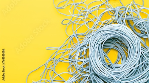 Tangled rolls of computer wires over a yellow background, illustrating the chaotic side of technology management