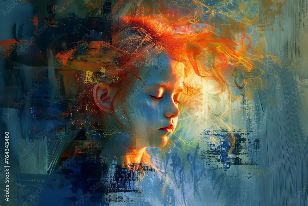 Stylized digital painting of a young girl's head, transcendent meditation dream concept