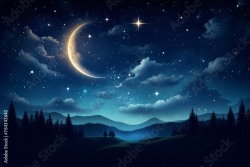 Night sky background with a crescent moon and a shooting star