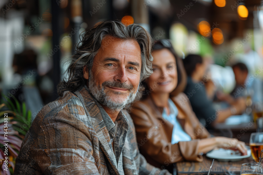 Relaxed Elegance Confident Businesspeople and Colleague Enjoying a Casual Meeting at a Bustling Cafe Relaxed Elegance Confident Businesspeople and Colleague Enjoying a Casual Meeting at a Bustling Cafe