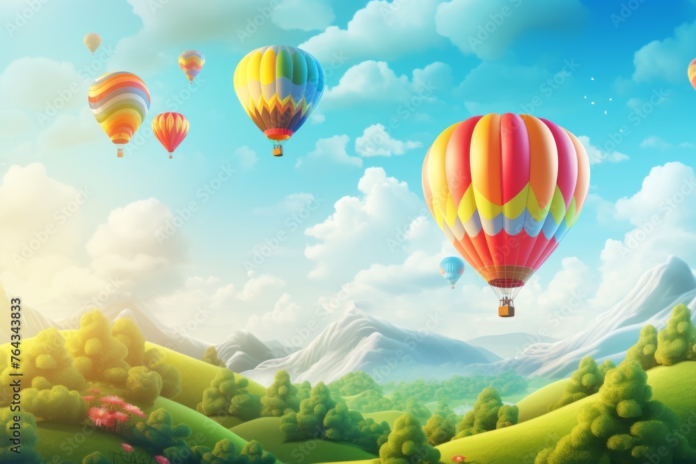 Fototapeta premium Sunny day sky background with a colorful hot air balloon festival
