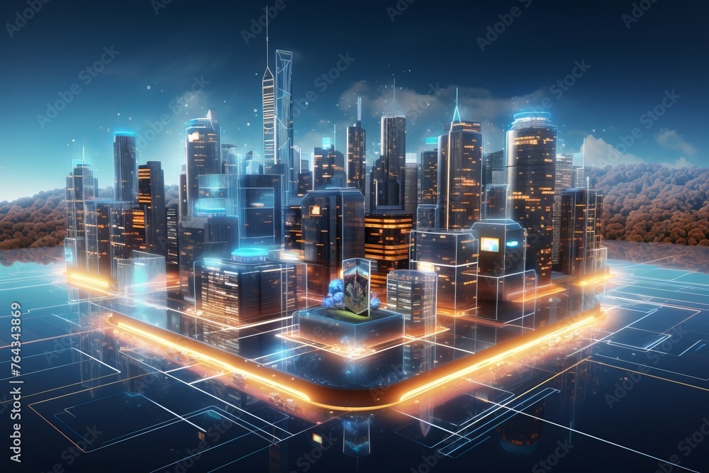 Technological 3D cityscape with futuristic architecture and holographic displays